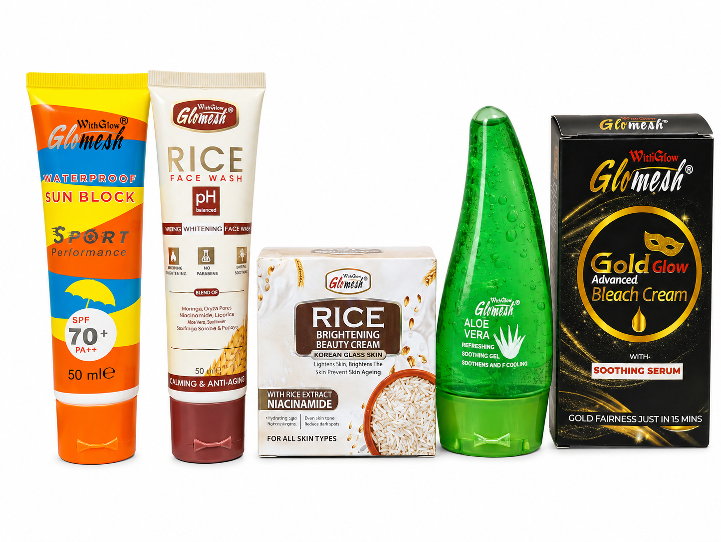 Glomesh Glow Bundle – Waterproof Sunblock + Rice Facewash + Rice Beauty Cream + Aloe Vera Gel | Pack of 4