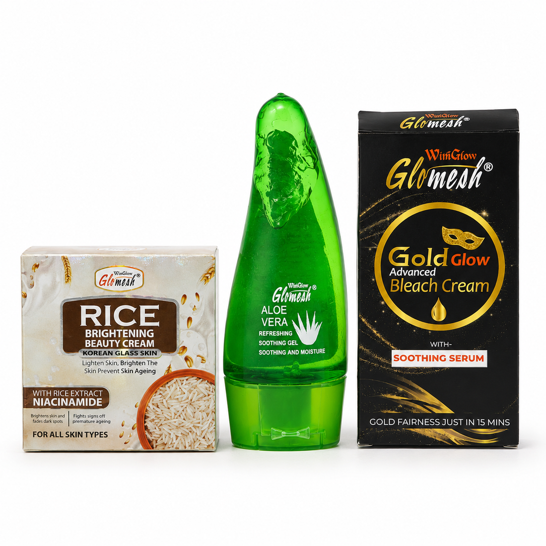 Glomesh Glow Bundle – Waterproof Sunblock + Rice Facewash + Rice Beauty Cream + Aloe Vera Gel | Pack of 4