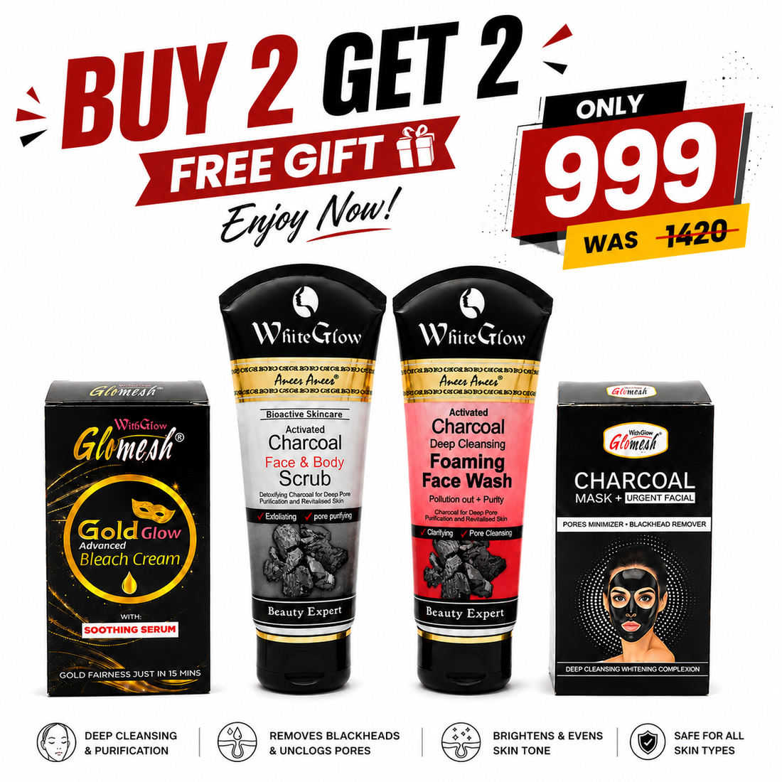 Buy 2 Get 2 FREE - Charcoal Skincare Bundle (Scrub + Face Wash + Bleach Cream + Charcoal Mask)