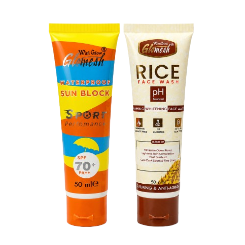 Glomesh Glow Bundle – Waterproof Sunblock + Rice Facewash + Rice Beauty Cream + Aloe Vera Gel | Pack of 4
