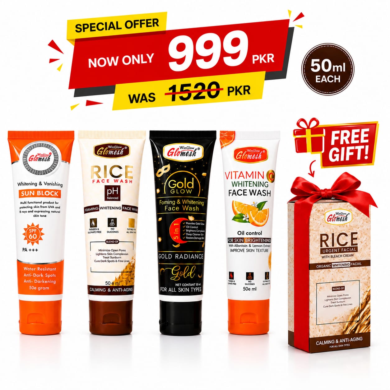 Glomesh Face Wash & Sunblock Combo Pack + FREE Rice Urgent Facial | 4-in-1 Skincare Bundle