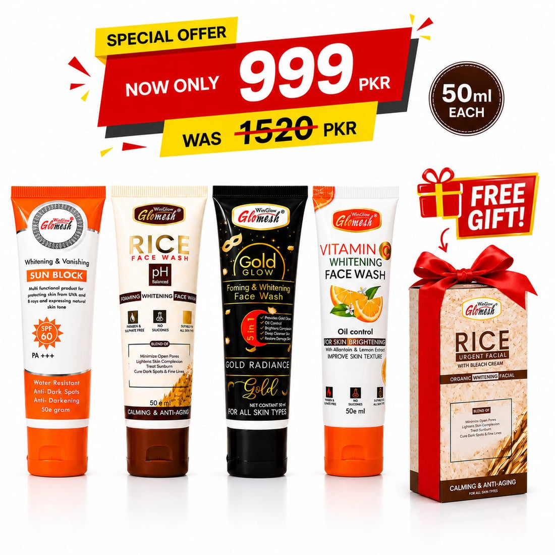 Glomesh Face Wash & Sunblock Combo Pack + FREE Rice Urgent Facial | 4-in-1 Skincare Bundle