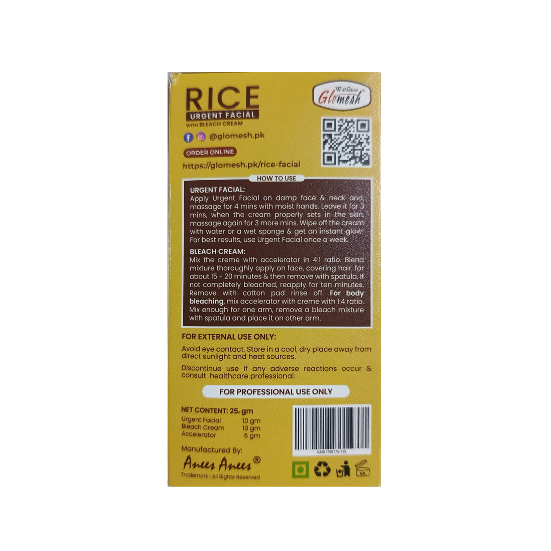 Glomesh Rice Urgent Facial Sachet with Bleach Cream - Glomesh