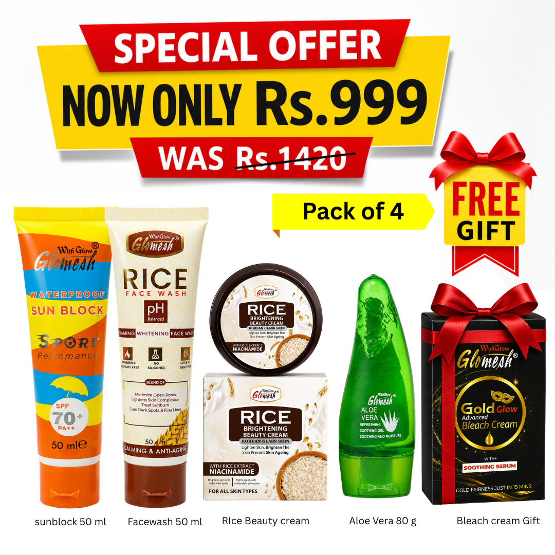 Glomesh Glow Bundle – Waterproof Sunblock + Rice Facewash + Rice Beauty Cream + Aloe Vera Gel | Pack of 4